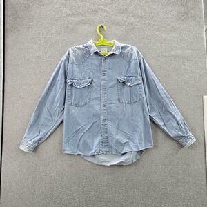 Green Mountain Men Button Up Shirt Light Blue Denim Embroidered Western